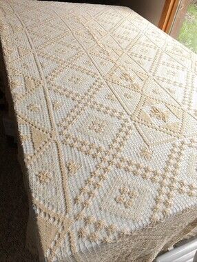 Vintage Hand Crochet Cotton Lace Tablecloth Floral 110”x70” Rectangular ivory